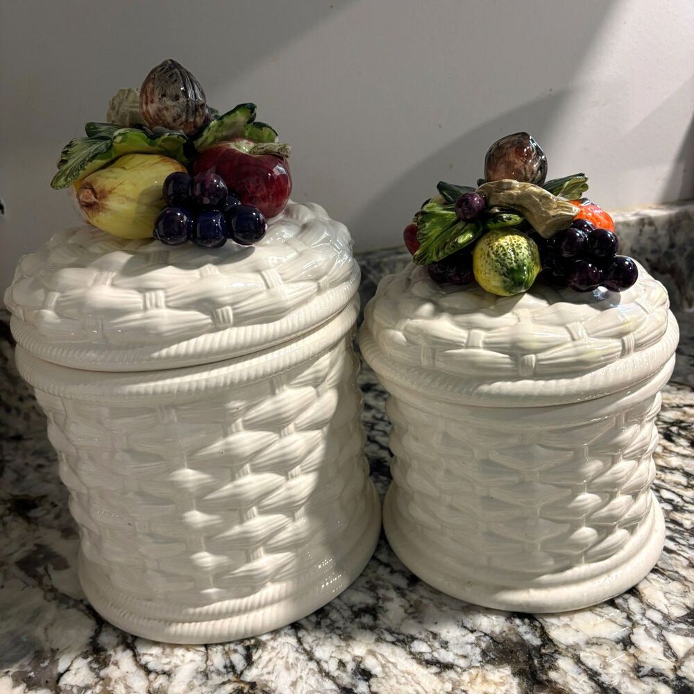 Vintage Ceramic Fruit Basket Weave Canister Set 2 White Kitchen Storage Jars
